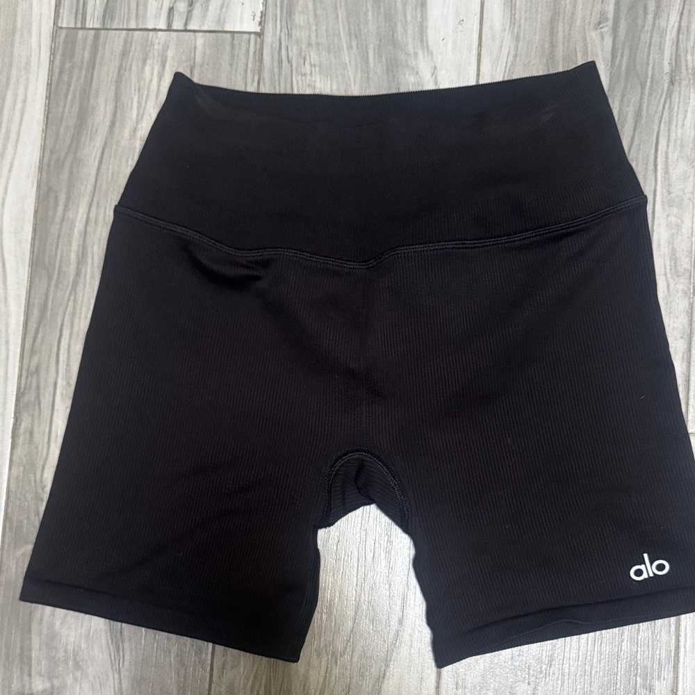 ALO Yoga Black Ribbed High-Rise Bike Shorts